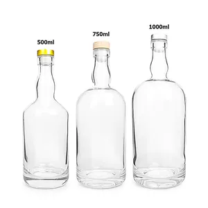 Botella de licor de vidrio blanco con tapón de corcho, 500ml, 750ml, 1000ml