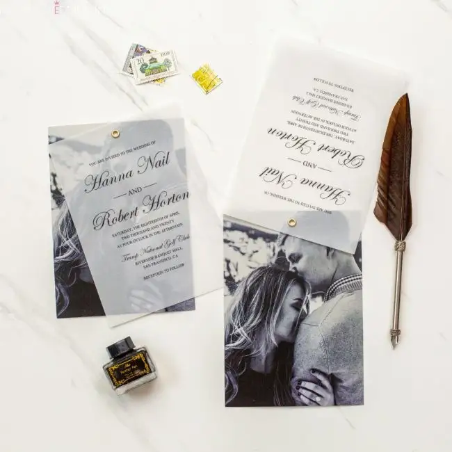 Undangan Pernikahan طبعات مخصصة من الورق المقوى الذهبي طبقات من الورق المقوى لدعوات الزفاف مع صورة وصورة
