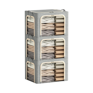 Cubo de almacenamiento plegable gris claro de 40L, cremalleras de ventana transparentes, asas duraderas, 3 aberturas, marco de <span class=keywords><strong>Metal</strong></span>, contenedores de almacenamiento de ropa 3 - Product Image 1
