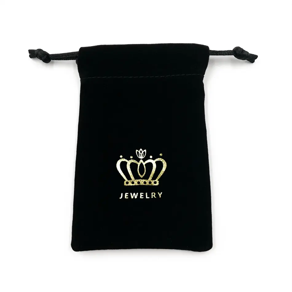 Bolsas de terciopelo negras con estampado de pantalla de logotipo personalizado, bolsas de joyería con cordón