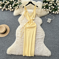Robe longue élégante pour femmes, jaune, sans manches, tricotée, avec décor floral 3D, coupe ajustée, robe moulante décontractée pour tous les jours et les soirées