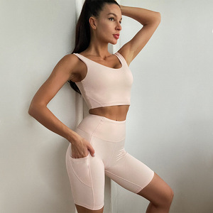 Solid Yoga Clothing High Waist <strong>Compression</strong> Workout <strong>Running</strong> <strong>Short</strong> Leggings Pockets Bike <strong>Shorts</strong> and Sports Bra Fitness Yoga Set - Product Image 3