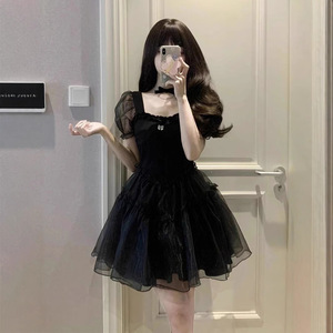 Black Puff Sleeve Dress For Women Fitted Waist Mesh Strapless Party Casual Short Skirt Solid Color Elegant Princess Style - Product Image 1