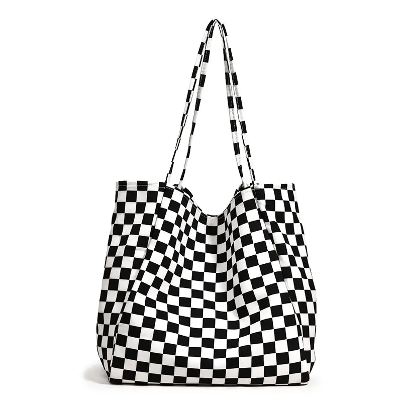 Large capacity single shoulder checkered tote bag casual women's versatile canvas bag European and American fashionable bag