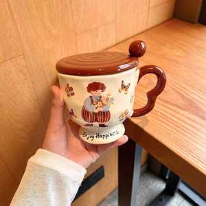High-value 300ml Retro <b>Ceramic</b> Mug with Lid and Spoon Niche Goblet Design Coffee <b>Cup</b> for Household Use - Product Image 1