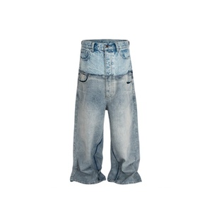 Vaqueros unisex personalizados de doble cintura, estilo urbano holgado con lavado ácido, efecto desgastado y pierna ancha para hombre y mujer con bordado. - Product Image 5