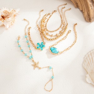 Conjunto de Pulsera y Cadena de Mano con Flores Chapadas en Oro, Esmalte y Perlas de Imitación, Diseño de Estrella de Mar y Concha, Joyería para Mujer - Product Image 4