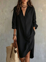 Robe chemise en lin unie avec col cranté, décolleté en V profond, manches retroussées, tenue décontractée pour femme, coupe ample, longueur genou