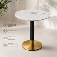 Table Ronde Commerciale en Pierre Frittée avec Piétement en Métal Noir et Doré, Mobilier de Restaurant Durable pour Café, Hôtel, Bistro