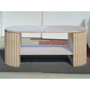 <span class=keywords><strong>Table</strong></span> <span class=keywords><strong>console</strong></span> ovale en marbre rose crème SH STONE, entrée de couloir naturelle avec pieds en travertin concave, étagère de rangement - Product Image 1