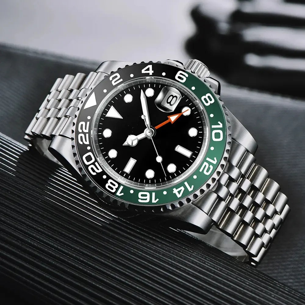 GMT jam tangan 40mm NH34 pria, arloji mekanis otomatis tanpa logo, petualang tahan air tanggal menyelam cahaya safir