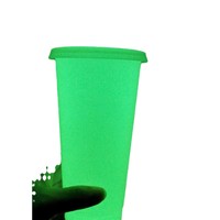 Gobelet isotherme double paroi 24 oz en PS, vert phosphorescent, avec trou pré-percé et bouchon, réutilisable