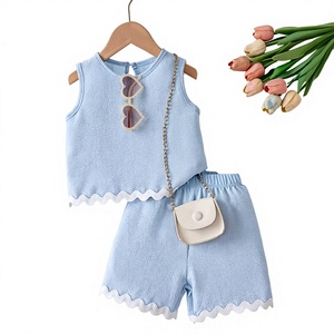 Girls Blue Short Sleeve Top Shorts Set Cute Style Solid Comfortable Breathable Non-Stretch Polyester/Cotton Two Piece Outfit - Product Image 1