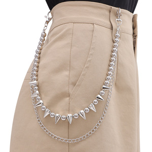 Studded Pant <b>Chain</b> Double Layer Beaded Spike Hip Hop Waist <b>Chain</b> Silver Zinc Alloy Daily Wear Accessory - Product Image 5