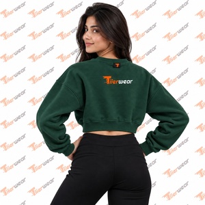 Sudadera Corta Personalizada para Mujer, Cuello Redondo, Color Verde Sólido, Manga Larga, Estilo Casual Urbano, Invierno, 100% Algodón Felpa - Product Image 6
