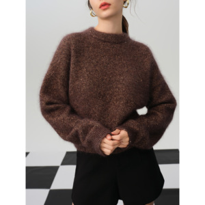 Sweater Winter Sweaters for <strong>Women</strong> Crew Neck <strong>Tops</strong> Mohair Sweater With Metallic Silk <strong>Sequins</strong> - Product Image 3