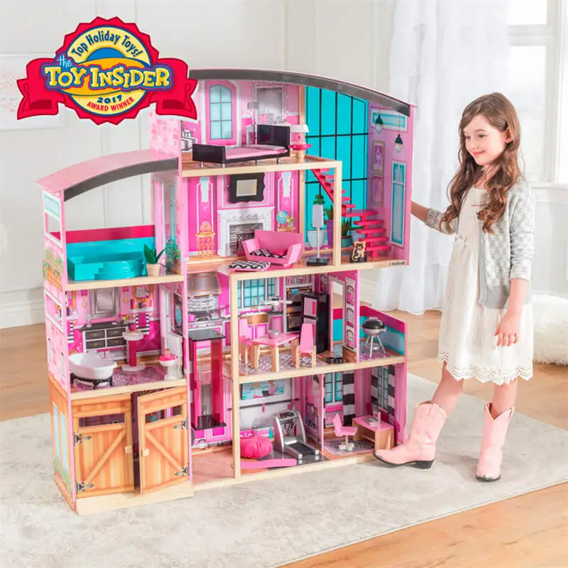 Biệt thự gỗ Nhà búp bê cho 12-inch búp bê với đèn & âm thanh và 30pcs phụ kiện, đồ chơi hous quà tặng cho lứa tuổi 3 +, màu hồng, Dollhouse