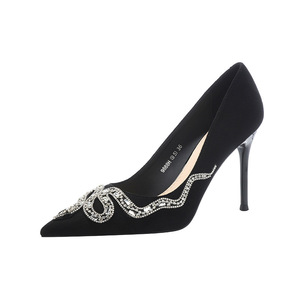 9888H-137 <b>Black</b> <b>Suede</b> <b>Pumps</b> Pointed Toe Stiletto Heel Rhinestone Decoration D'Orsay Shoes Super High 8cm Up Fashion Trend - Product Image 5