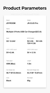 Cho Joyroom QC3.0 45W sạc nhanh 5-Cổng điện thoại di động xe sạc OTP phía trước trở lại chỗ ngồi sạc đa cổng USB mở rộng USB Hub - Product Image 2