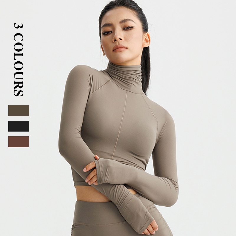 Explosive Models Short Nude Feeling Quickly Dry Pleated High Collar Longsleeve Sportswear for Women Running Fitness Yoga T-Shirt