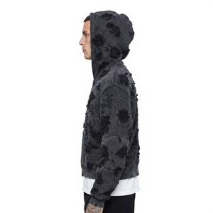 Sudadera con capucha para hombre, 100% algodón, lisa, de invierno, con efecto desgastado, de tejido waffle, con cremallera, oversize, vintage, ecológica, con capucha frontal - Product Image 3