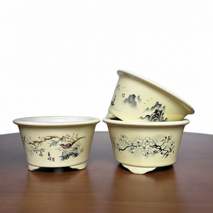 High Temperature Glazed <b>Ceramic</b> Bonsai <b>Pot</b> Hand Carved Painted <b>Flower</b> Planter for Indoor Desk Garden Landscaping - Product Image 1