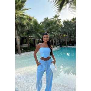 Conjunto de Lino BLUE HENRI - Dos Piezas Estilo Casual para Primavera, Verano y Otoño, Corte Ajustado, Top y Pantalón, Tejido Elástico Bordado, Talla 2XL, 2 Piezas - Product Image 4