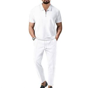 Nouvel ensemble décontracté 2 pièces pour homme : chemise à revers et pantalon en molleton respirant polyester/coton, couleur unie avec cordon de serrage - Product Image 3