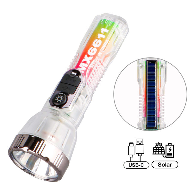 Solar Charge Flashlight Built-in Li-ion Battery Strong Zoomable Lighting for Outdoor Camping USB-C Rechargeable Flashlight