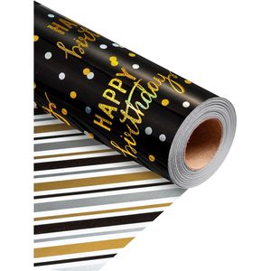 Rollo de Papel de Regalo de Cumpleaños, Negro Metálico Holográfico, Feliz Cumpleaños, Rayas Reversibles, 46.5 Pies Cuadrados, para Manualidades - Product Image 1