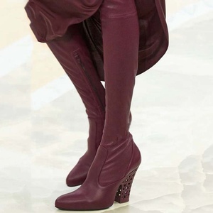 Retro Style Women Stretch Leather Knee High Boots <b>Round</b> <b>Toe</b> Cut Out Chunky <b>Heels</b> Shoes Girl's Side Zipper Long Booties - Product Image 1
