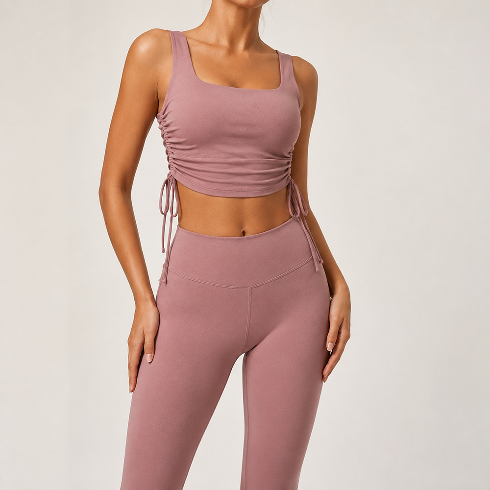 Oem Odm Women Square Neck Side Ruched Yoga Crop Top Wide Strap Support 4 Way Stretch Moisture Wicking Pilates Training Athletic