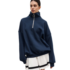 Sudadera de punto con cuello alto y cremallera media para mujer, transpirable, oversize, con cuentas, manga regular, color liso, estilo deportivo, Colección Otoño Invierno 2024 - Product Image 1