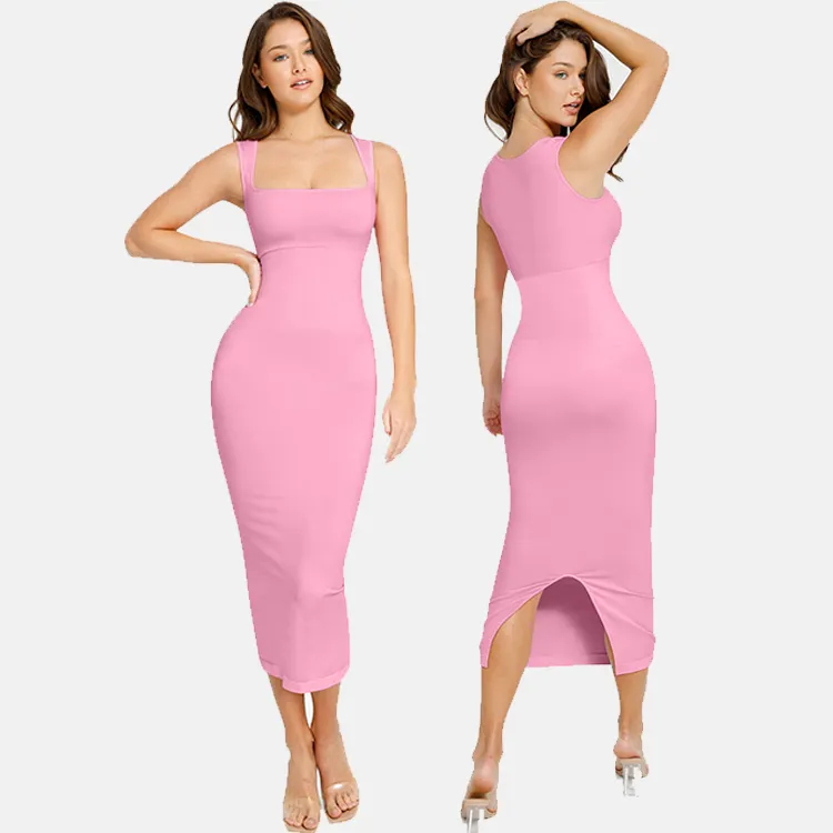 Hexin personnalisé 2023 nouvelle sans couture profonde U Shapewear robe moulante grande taille rose été tricoté Mixi robe