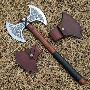 Hacha Vikinga de Doble Filo Hecha a Mano |   Hoja de acero al carbono, mango de palisandro, funda de cuero de vaca |   Hacha de Batalla Nórdica Coleccionable - Product Image 1