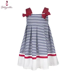 Children White and Blue Stripe 100% Cotton 7 Years Kids Girls Clothes Dress