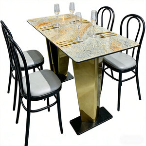 Table à manger en marbre de style minimaliste italien, texture dorée, pierre naturelle avec base en acier inoxydable, mobilier de vente en gros - Product Image 5