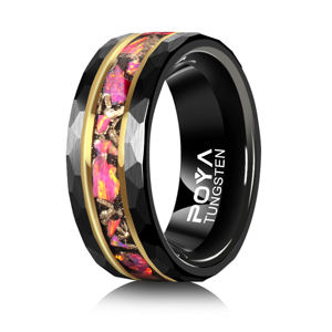 แหวนทังสเตนสีดำขนาด 8 มม. ยี่ห้อ POYA ประดับด้วยแถบทอง ลายตอกแบบหินทราย ฝังโอปอลชิ้นใหญ่และอุกกาบาต แหวนคู่รักแทนคำมั่นสัญญา - Product Image 1