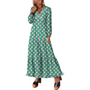 ชุดเดรสยาวโบโฮแขนยาวสำหรับผู้หญิง คอวี พิมพ์ลายดอกไม้ เอวยางยืด ทรงหลวม ชุดลำลองสำหรับวันหยุดพักผ่อนริมชายหาด - Product Image 1