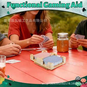 Solid wood double-compartment <b>playing</b> <b>card</b> holder, holiday party multi-person table <b>card</b> display rack, rotating wooden game - Product Image 2