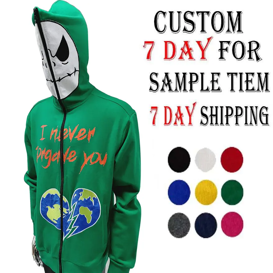 Custom Logo Hot sale High Quality Unisex Full Zip Up Hoodies Green Cotton Casual Y2K Hoodie Men