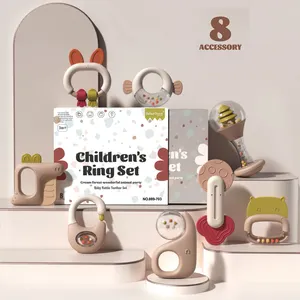 Hot Sale Baby Rattle Teether Hand Bell Chew Eco-Friendly Non-toxic Toy Gift Set Soft Silicone Baby