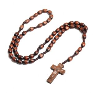 Rosario Católico, Cuentas de Madera Ovaladas Elípticas, Cruz de Oración, Joyería Religiosa, Regalos de Pascua, Venta al Por Mayor - Product Image 6