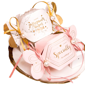 Hexagon Gift <b>Boxes</b> With Gold Foil Printing And Ribbon Decorations For Wedding Or Special Occasions - Product Image 1