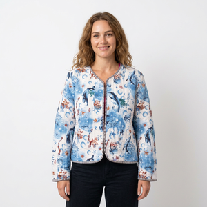Quilted Jacket <b>Women</b> V-Neck Full Sleeve Floral Print Closure Autumn/Winter Outerwear Woven 100% Organic Cotton Fabric - Product Image 1
