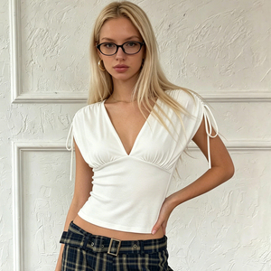 White Drawstring V Neck Ruched <b>Tie</b> Front Casual Slimming Women's Short Sleeve Summer Patchwork Eco-Friendly T-Shirt - Product Image 3