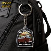 Porte-clés en acrylique Outer Banks NC, breloque rétro avec scène de van et de montagne pour clés ou sacs, accessoire souvenir de voyage durable double face