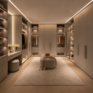 Dressing avec rangements intégrés, tiroirs, zone de suspension ouverte et meuble de toilette sur mesure pour projets de chambre à coucher - Product Image 6