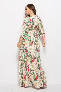 Europe And America Fat Women Dress Big Size Dress Comfortable Loose Deep V Long Sleeve Floral Print Maxi Dress