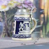 Chope à bière classique en porcelaine Bavaria Bayern - Motif diamant, crête de lion, capacité 650 ml, couvercle en aluminium, passe au lave-vaisselle, pour vin et bière